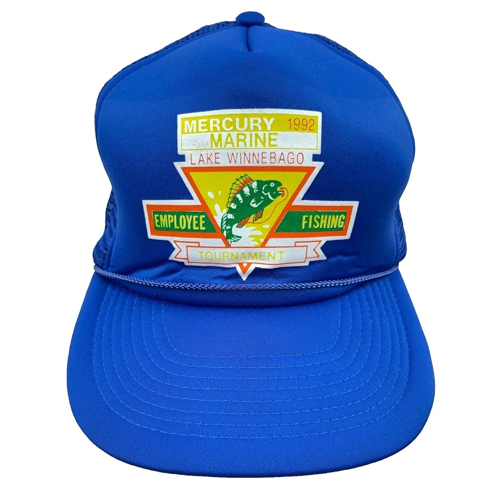 Vintage Fishing Trucker Hat Cap SnapBack 90s Mercury Marine Lake Winnebago‎ Blue